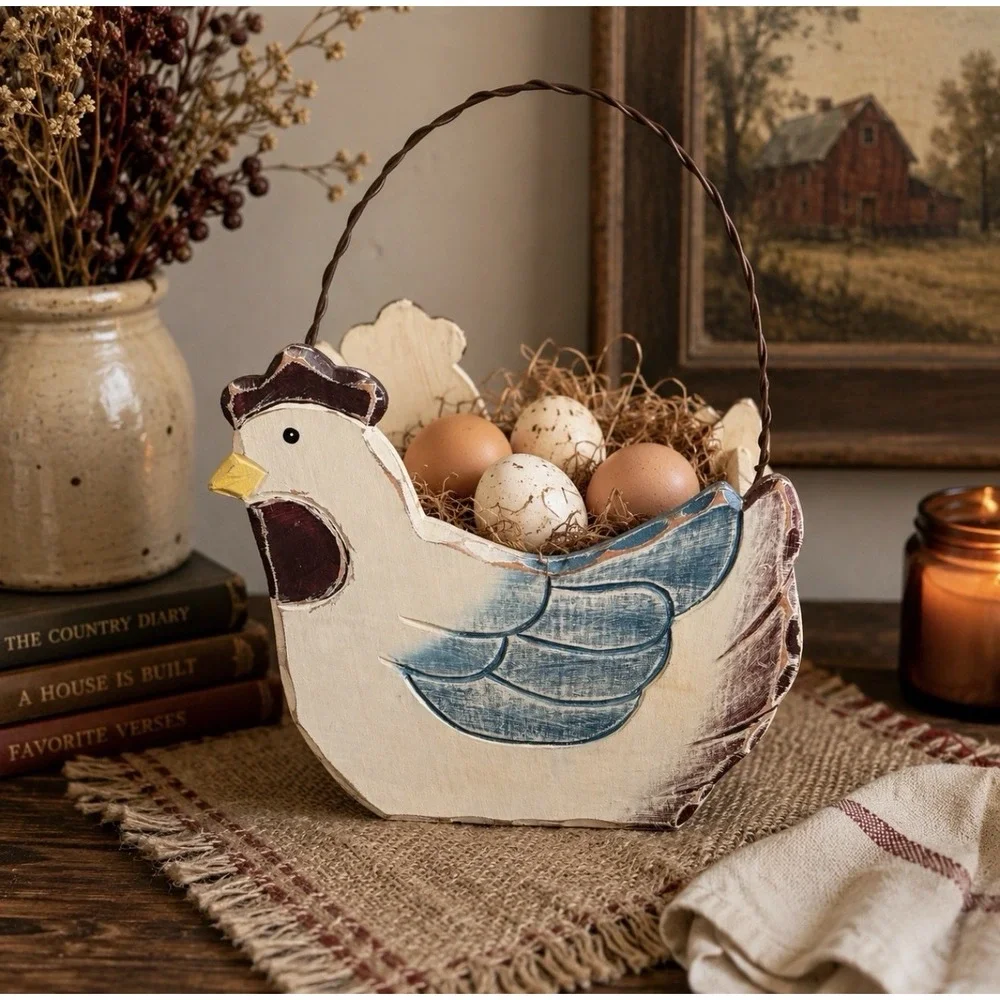 Vintage Hand Painted Wood Chicken Hen Basket Primitive Country Farmhouse Decor